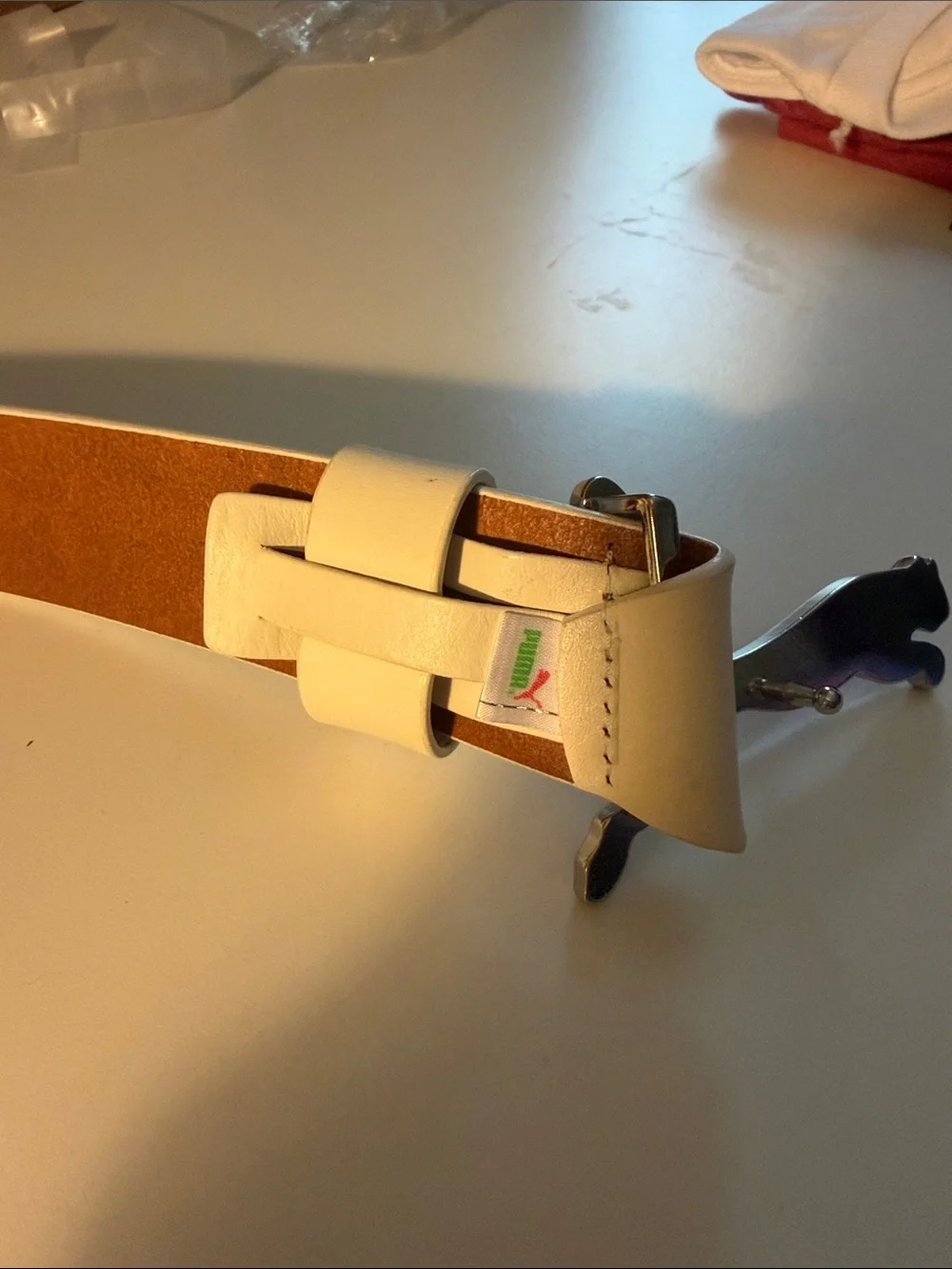 Puma White Leather Belt with Pink Puma Cat Buckle
